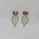 Aqua chalcedony, amethyst and pearl statement stud earrings in hammered 18k gold vermeil - Beyond Biasa