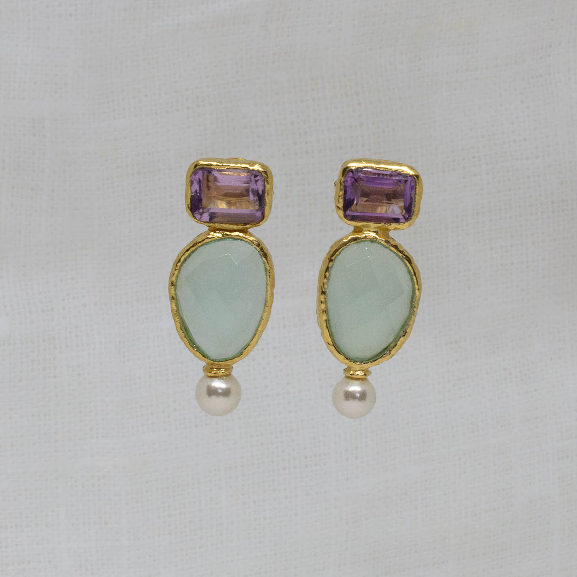 Aqua chalcedony, amethyst and pearl statement stud earrings in hammered 18k gold vermeil - Beyond Biasa