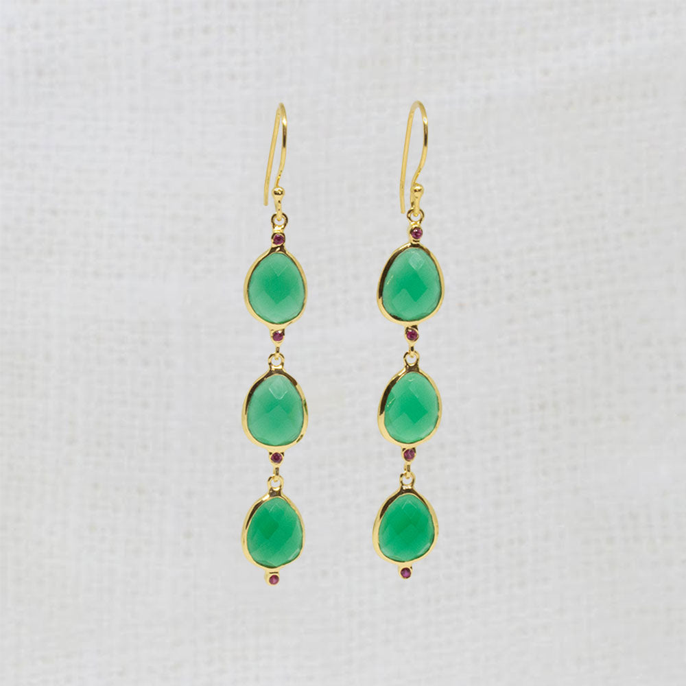 Green onyx teardrop triple drop gemstone earrings in gold vermeil 