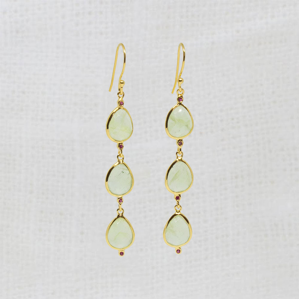 Prehnite and gold vermeil triple drop gemstone earrings in gold vermeil 