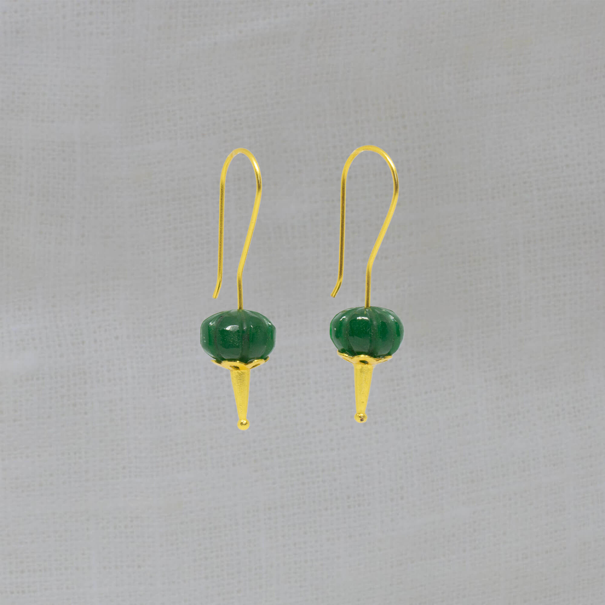 Long hook drop earrings in 18k gold vermeil with carved melon cut green onyx gemstones - Beyond Biasa