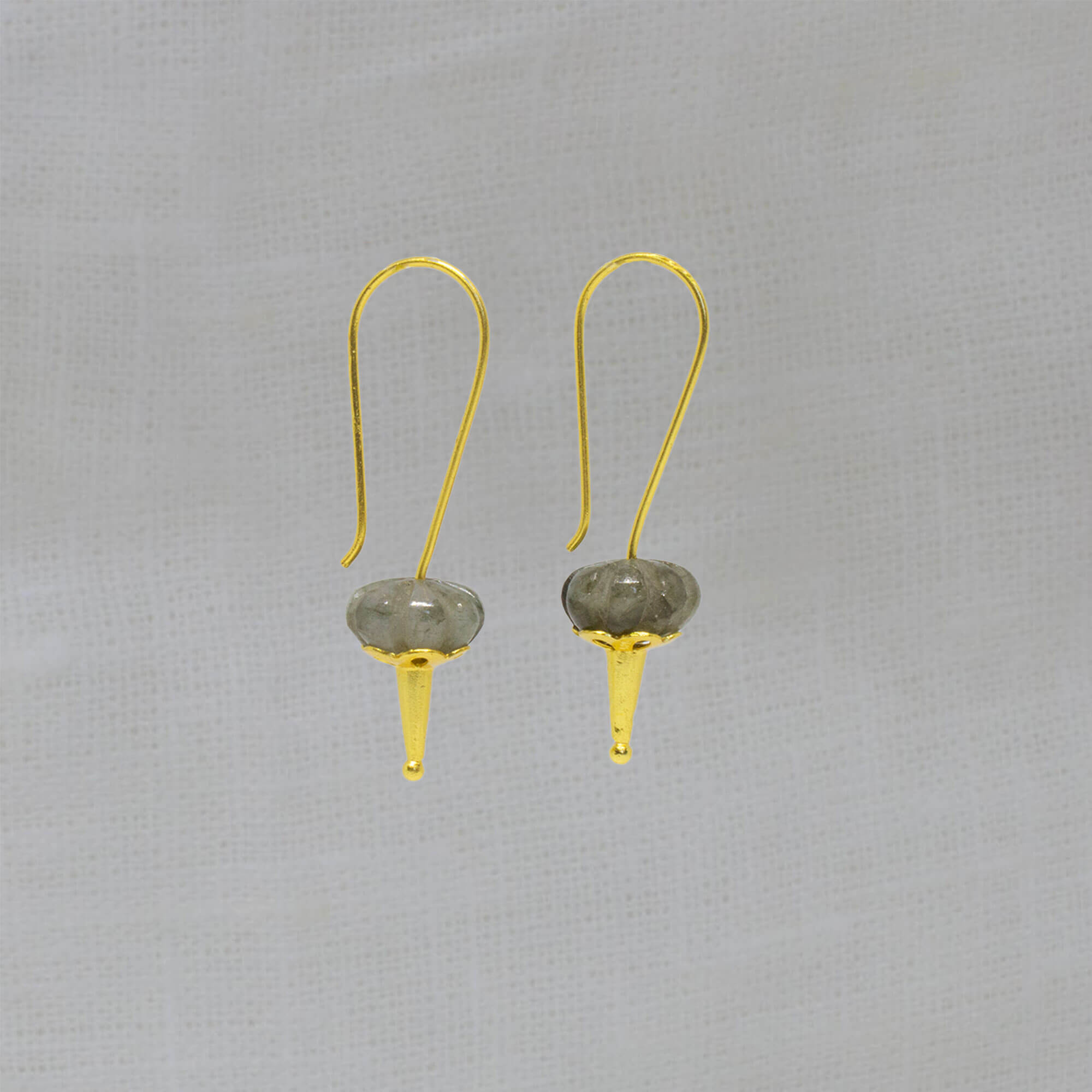 Long hook drop earrings in 18k gold vermeil with carved melon cut labradorite gemstones - Beyond Biasa