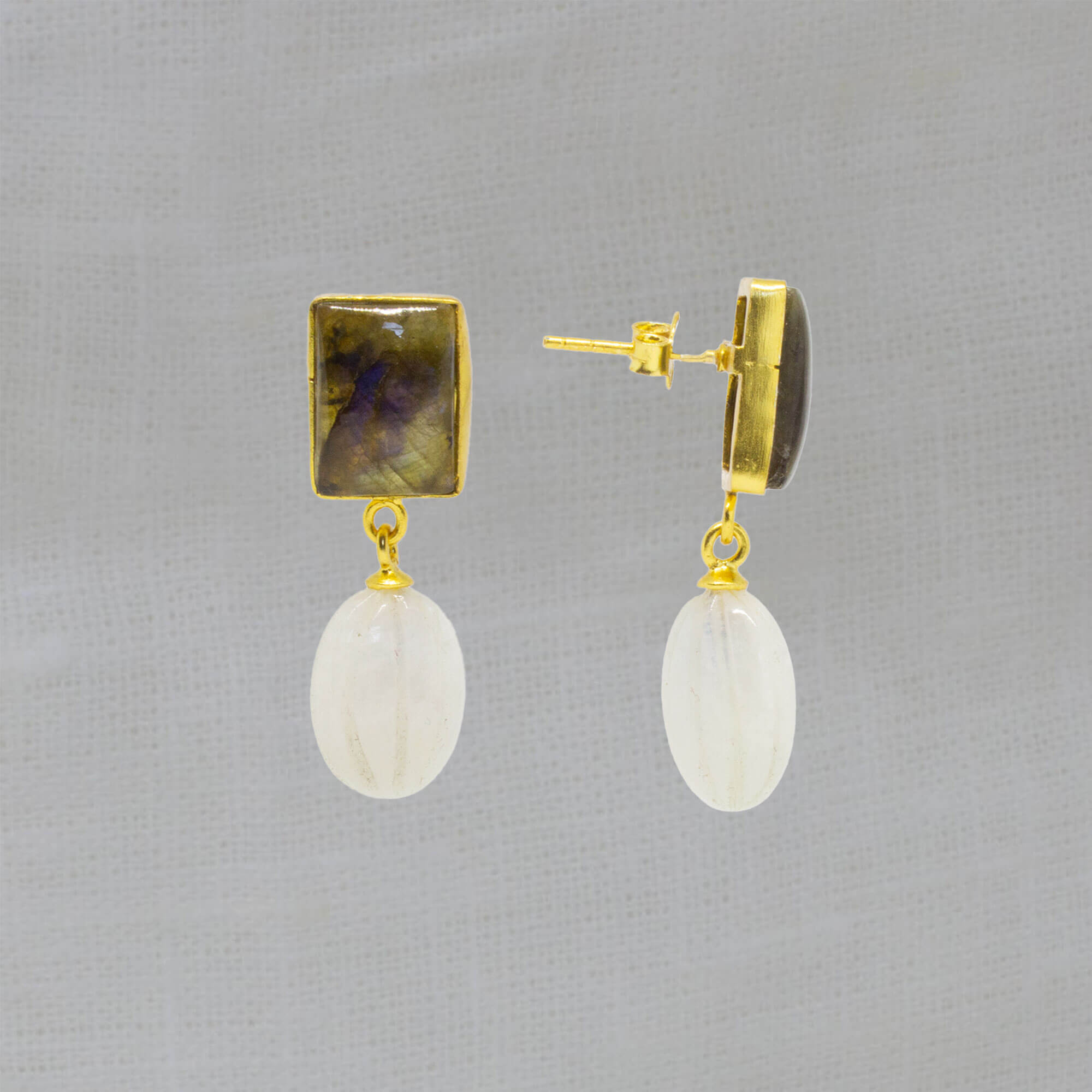 Labradorite and rainbow moonstone carved gemstone earrings in gold vermeil - Beyond Biasa