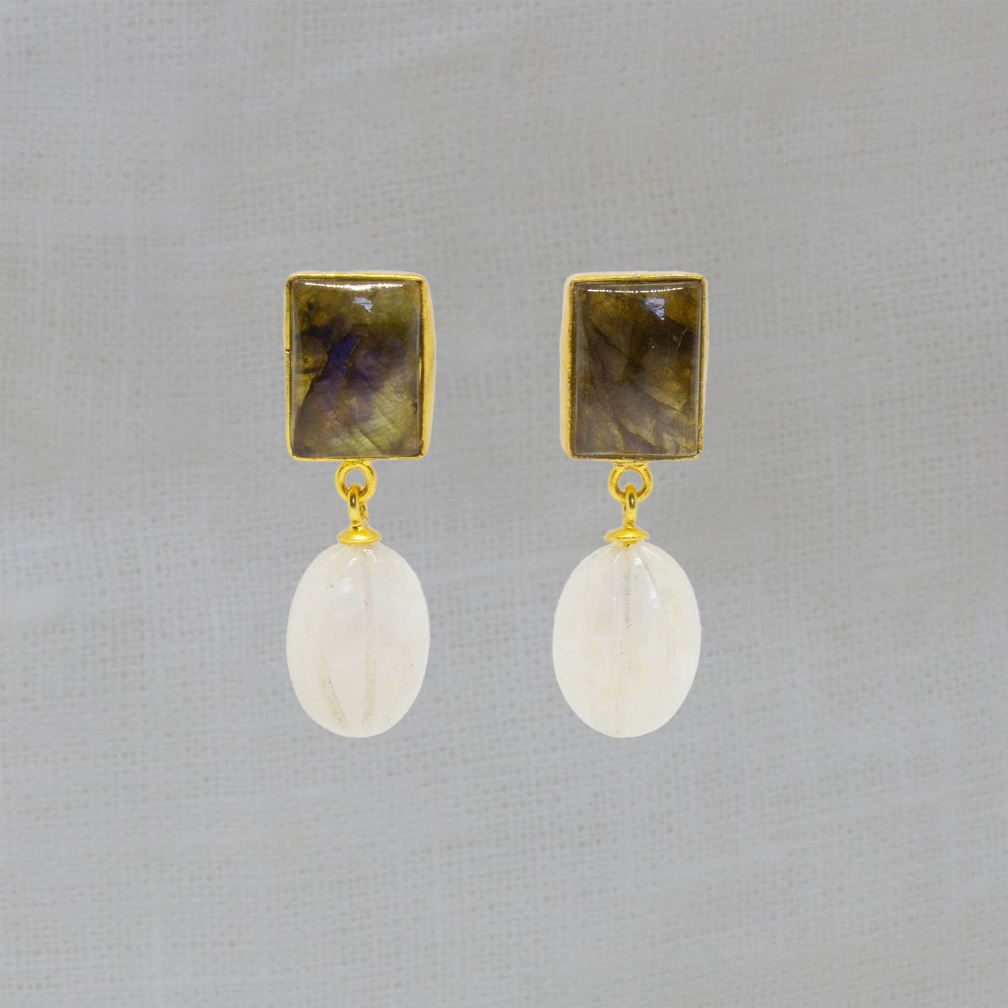 Labradorite and rainbow moonstone carved gemstone earrings in gold vermeil - Beyond Biasa