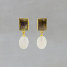 Labradorite and rainbow moonstone carved gemstone earrings in gold vermeil - Beyond Biasa