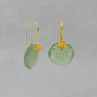 Round green aventurine gemstone earrings with 18k gold vermeil flower detail and hook fittings - Beyond Biasa 