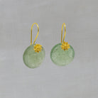 Round green aventurine gemstone earrings with 18k gold vermeil flower detail and hook fittings - Beyond Biasa 