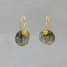 Round labradorite gemstone earrings with 18k gold vermeil flower detail and hook fittings - Beyond Biasa 