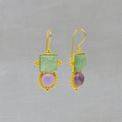 Large gemstone drop earrings with a square green aventurine and round purple amethyst in a detailed gold vermeil setting with a hook fitting - Beyond Biasa