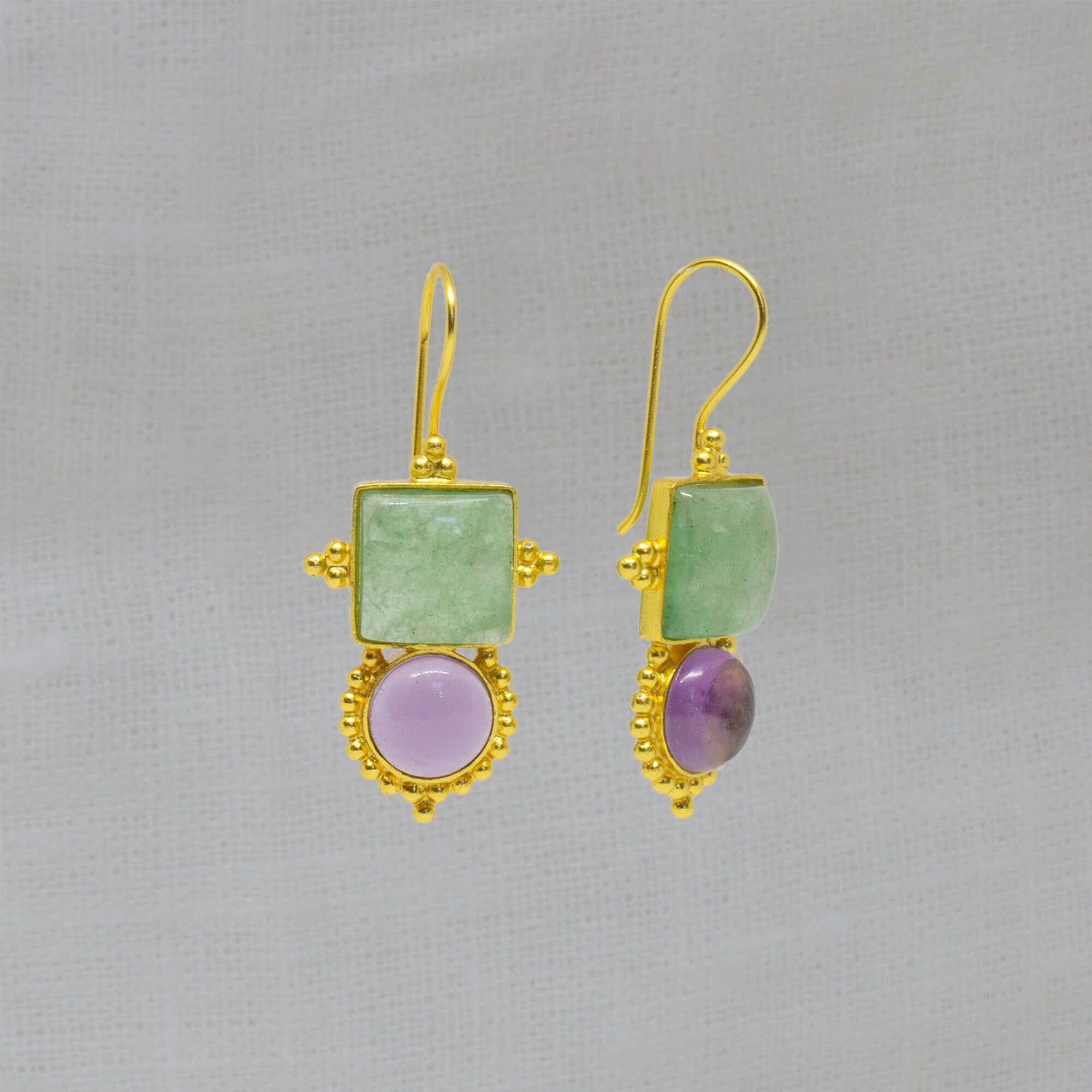 Large gemstone drop earrings with a square green aventurine and round purple amethyst in a detailed gold vermeil setting with a hook fitting - Beyond Biasa