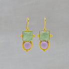 Large gemstone drop earrings with a square green aventurine and round purple amethyst in a detailed gold vermeil setting with a hook fitting - Beyond Biasa