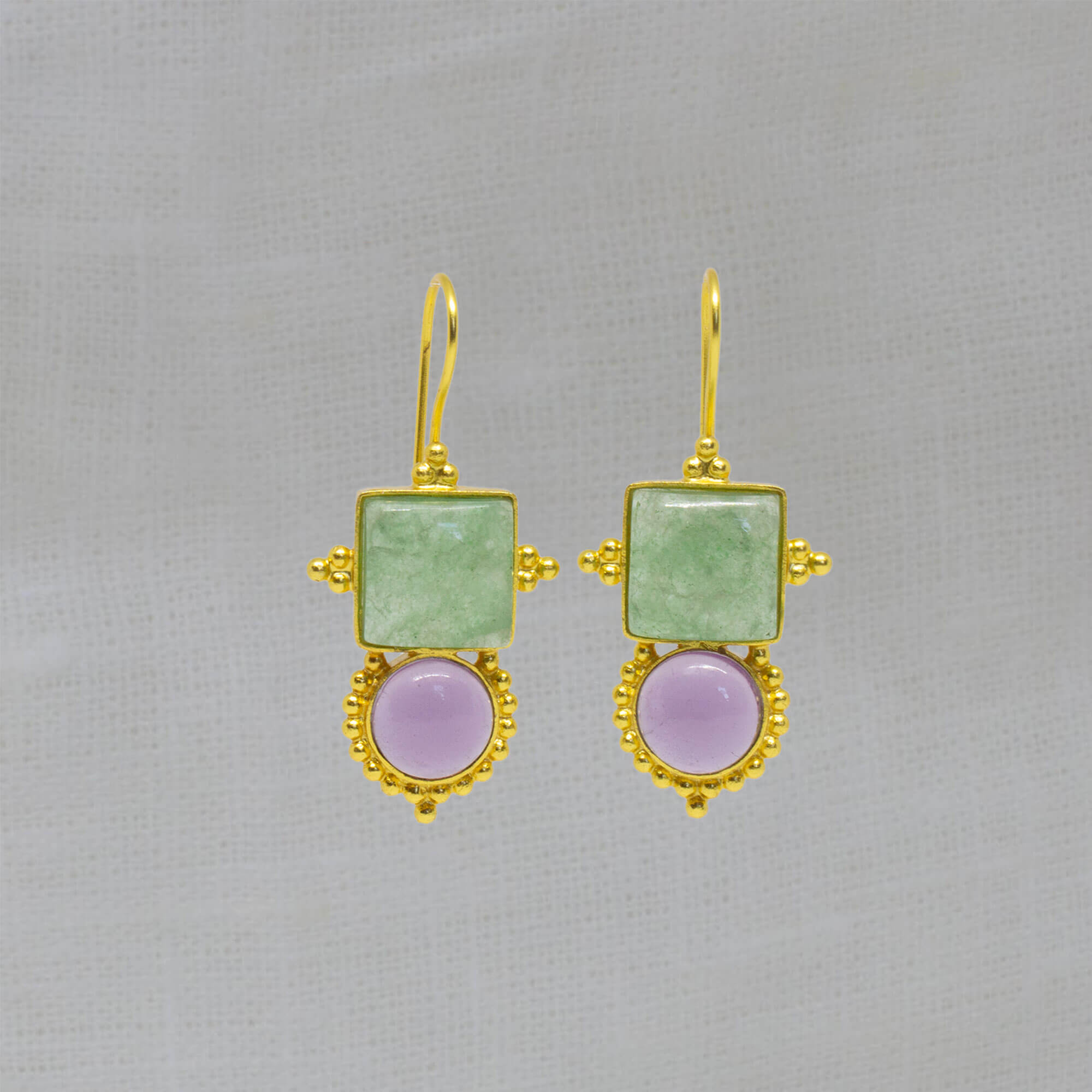 Large gemstone drop earrings with a square green aventurine and round purple amethyst in a detailed gold vermeil setting with a hook fitting - Beyond Biasa