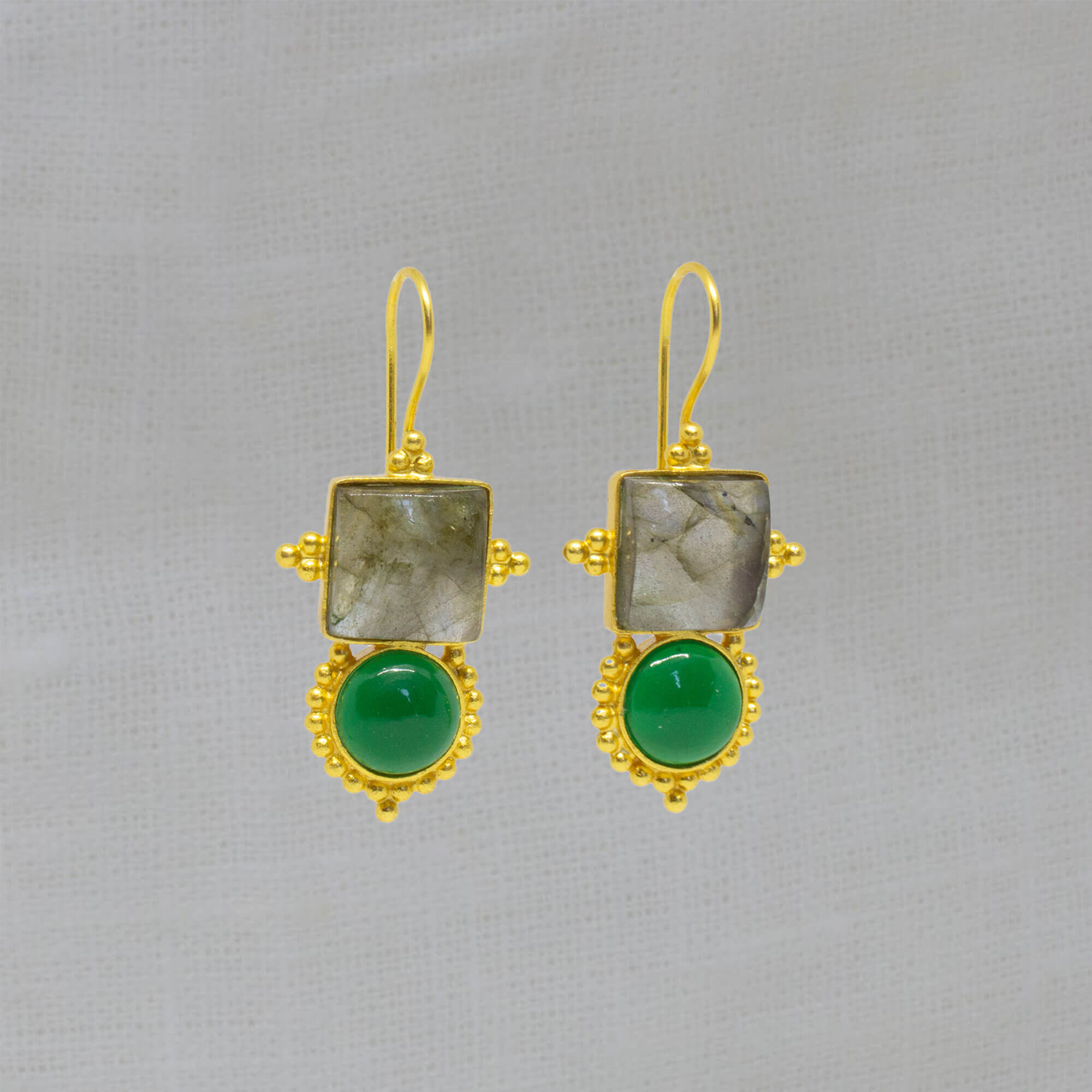 Large gemstone drop earrings with a square labradorite and round green onyx in a detailed gold vermeil setting with a hook fitting - Beyond Biasa