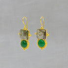 Large gemstone drop earrings with a square labradorite and round green onyx in a detailed gold vermeil setting with a hook fitting - Beyond Biasa