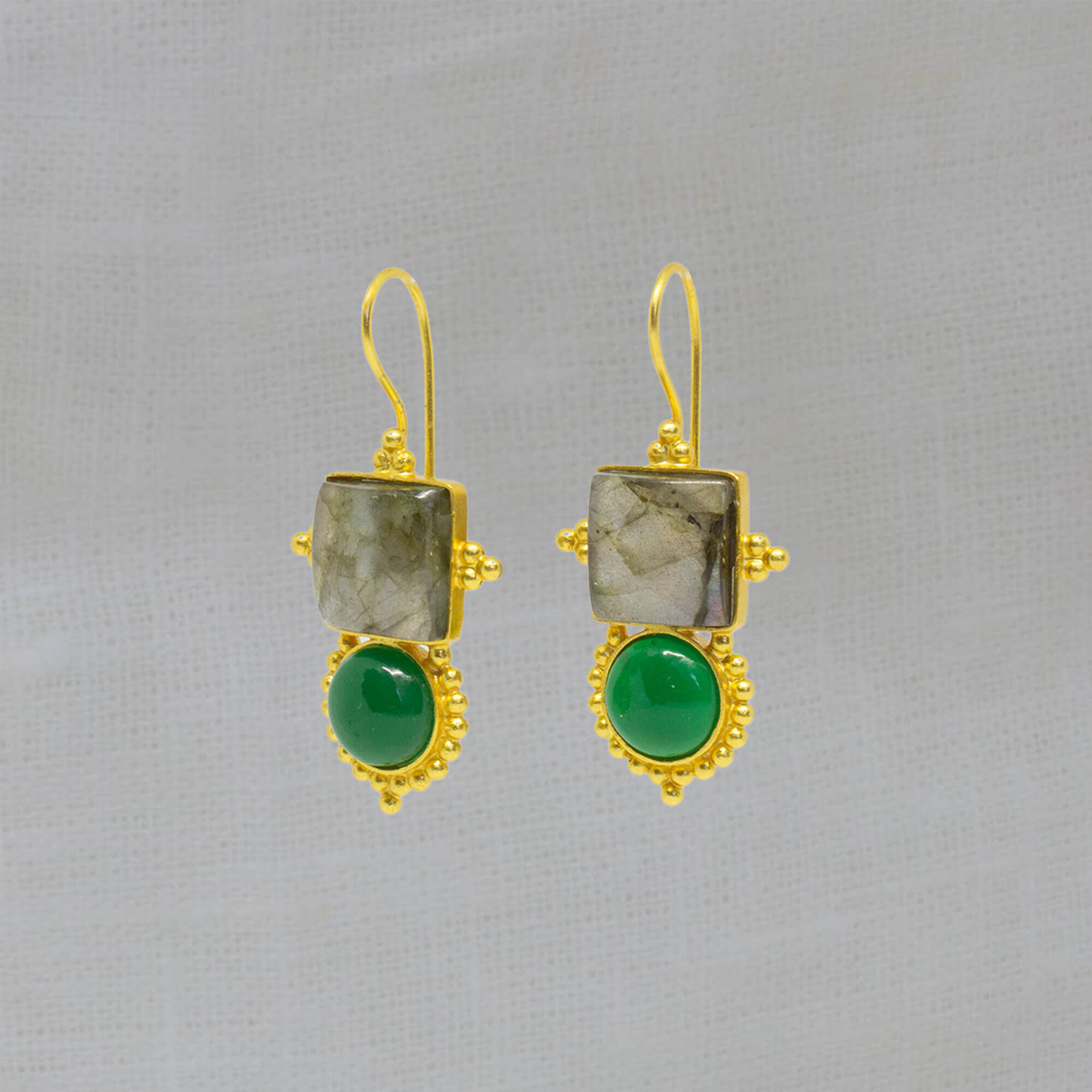 Large gemstone drop earrings with a square labradorite and round green onyx in a detailed gold vermeil setting with a hook fitting - Beyond Biasa