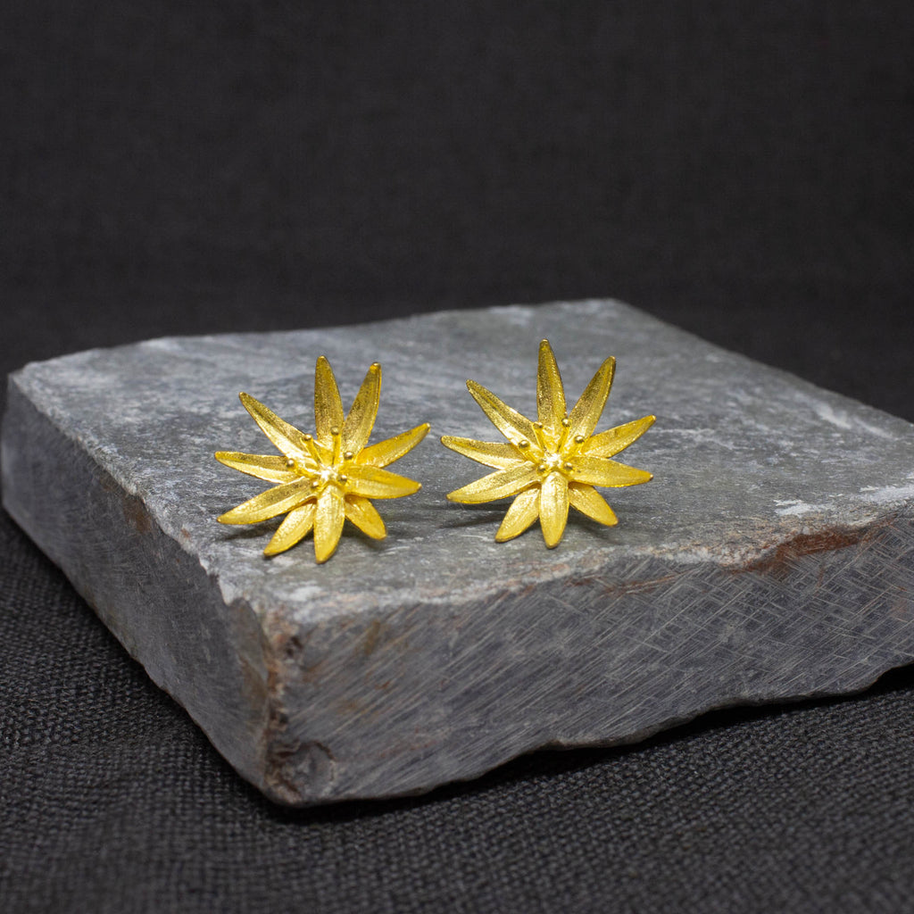 Large Brushed Flower Stud Earrings in Silver or Gold - Beyond Biasa
