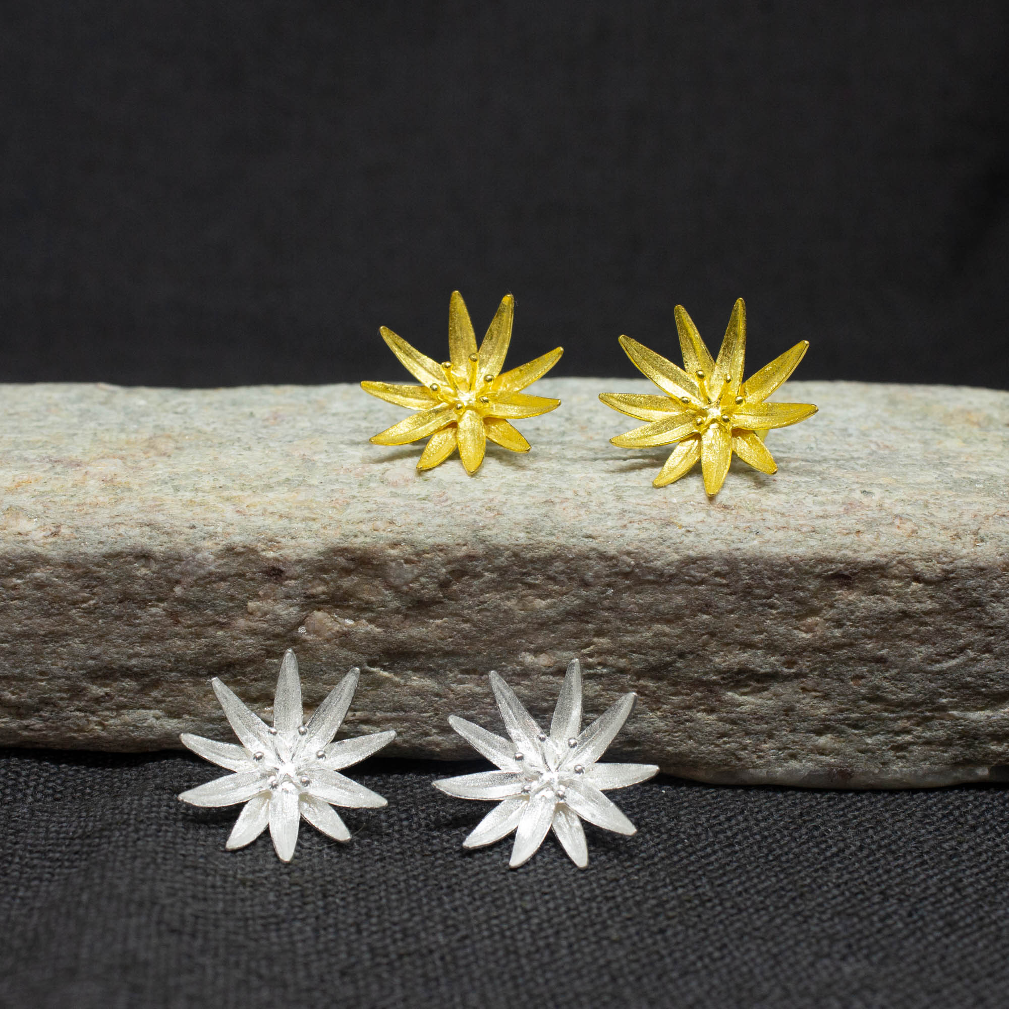 Large Brushed Flower Stud Earrings in Silver or Gold - Beyond Biasa