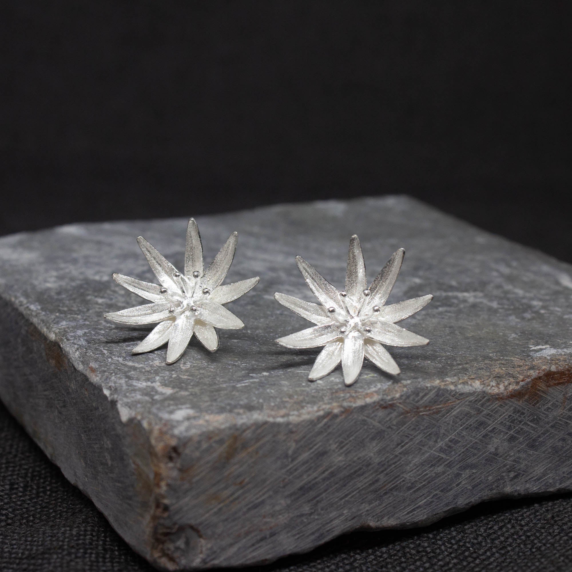 Large Brushed Flower Stud Earrings in Silver or Gold - Beyond Biasa