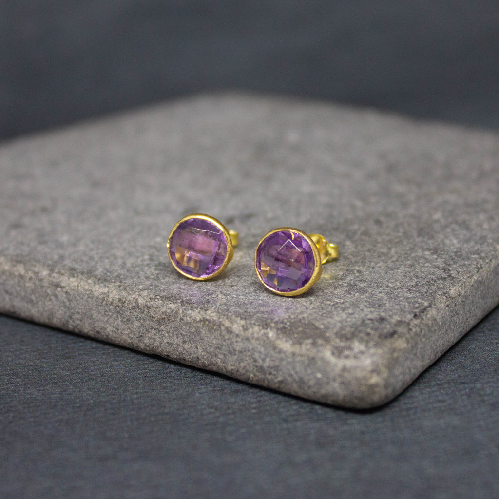 Simple gemstone everyday stud earrings, amethyst and gold vermeil - Beyond Biasa