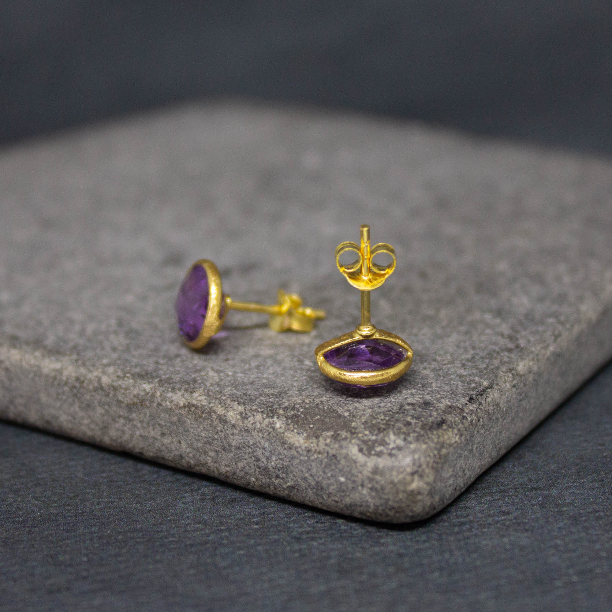 Simple gemstone everyday stud earrings, amethyst and gold vermeil - Beyond Biasa