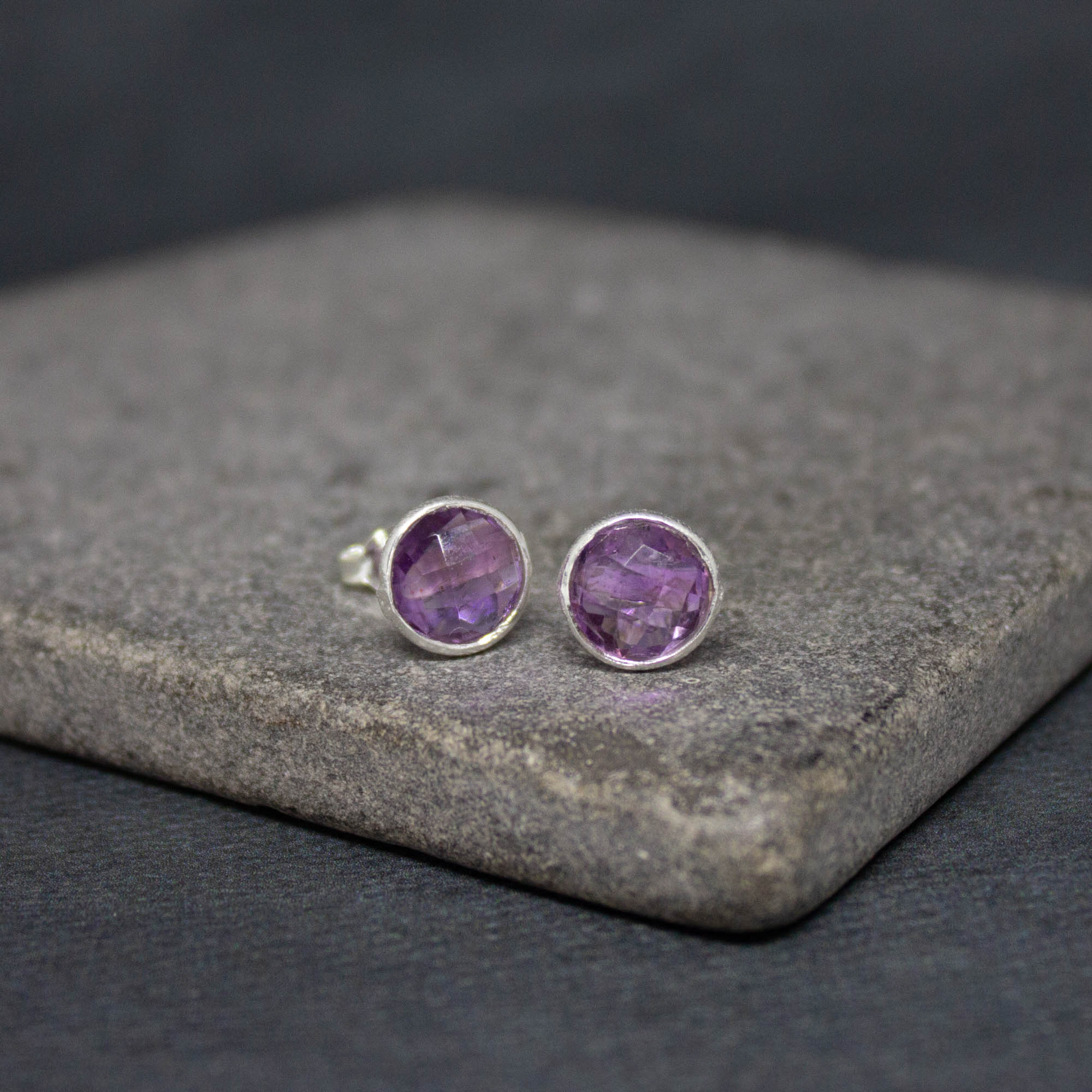 Simple gemstone everyday stud earrings, amethyst and sterling silver - Beyond Biasa