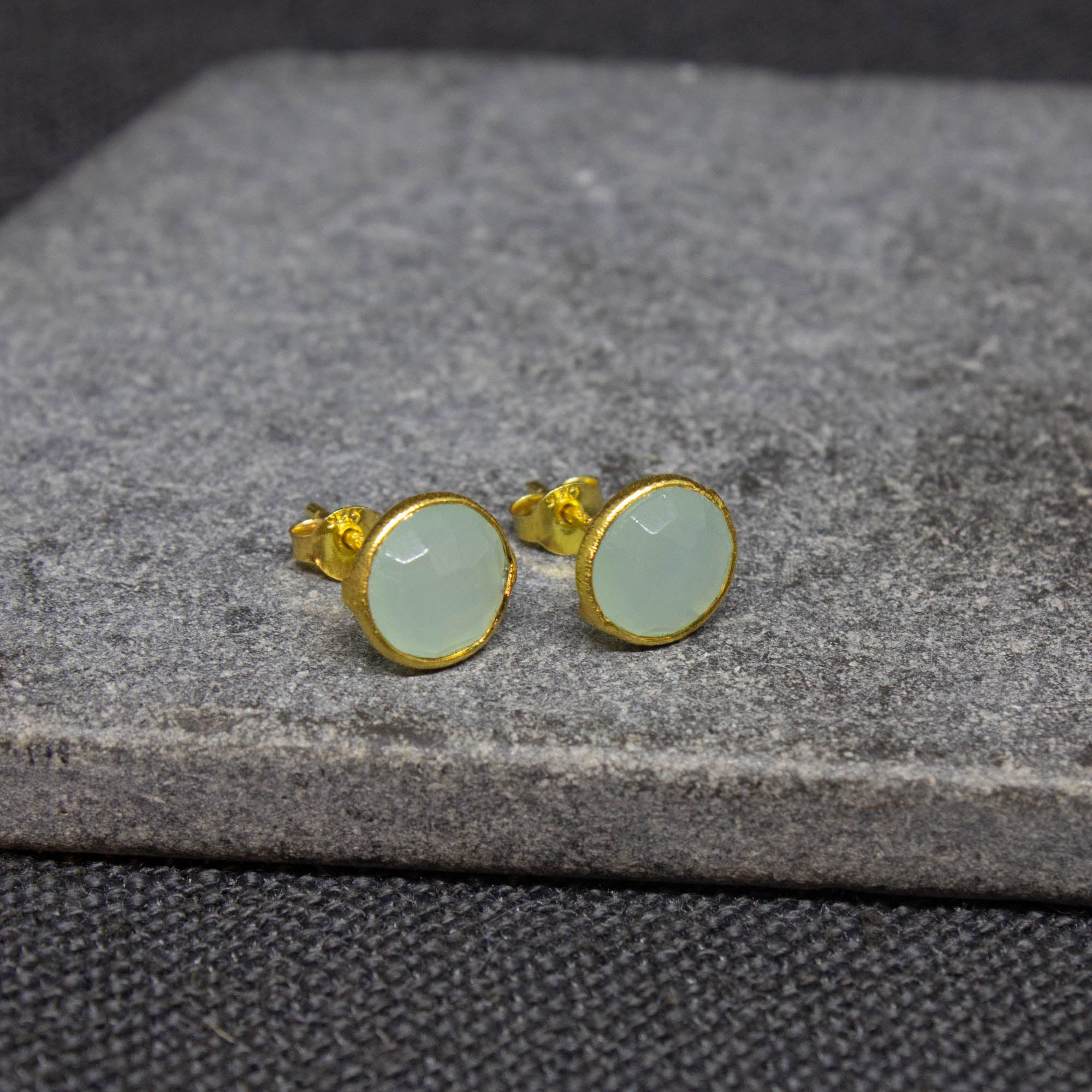 Simple gemstone everyday stud earrings, aqua chalcedony and gold vermeil - Beyond Biasa