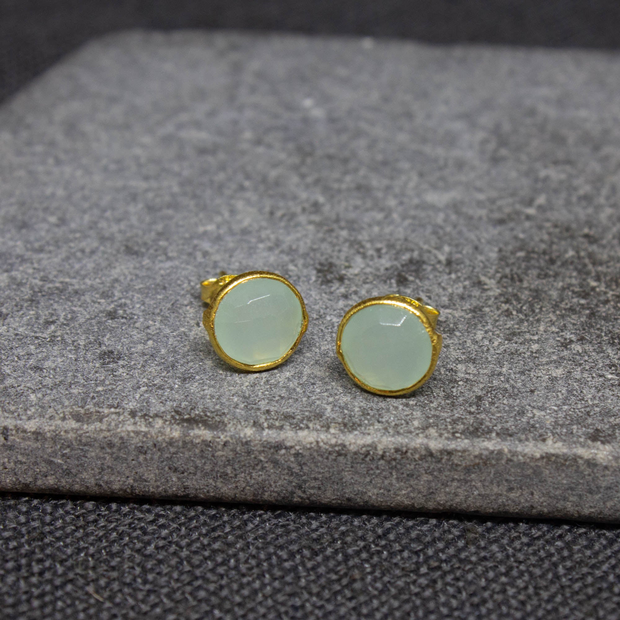 Simple gemstone everyday stud earrings, aqua chalcedony and gold vermeil - Beyond Biasa