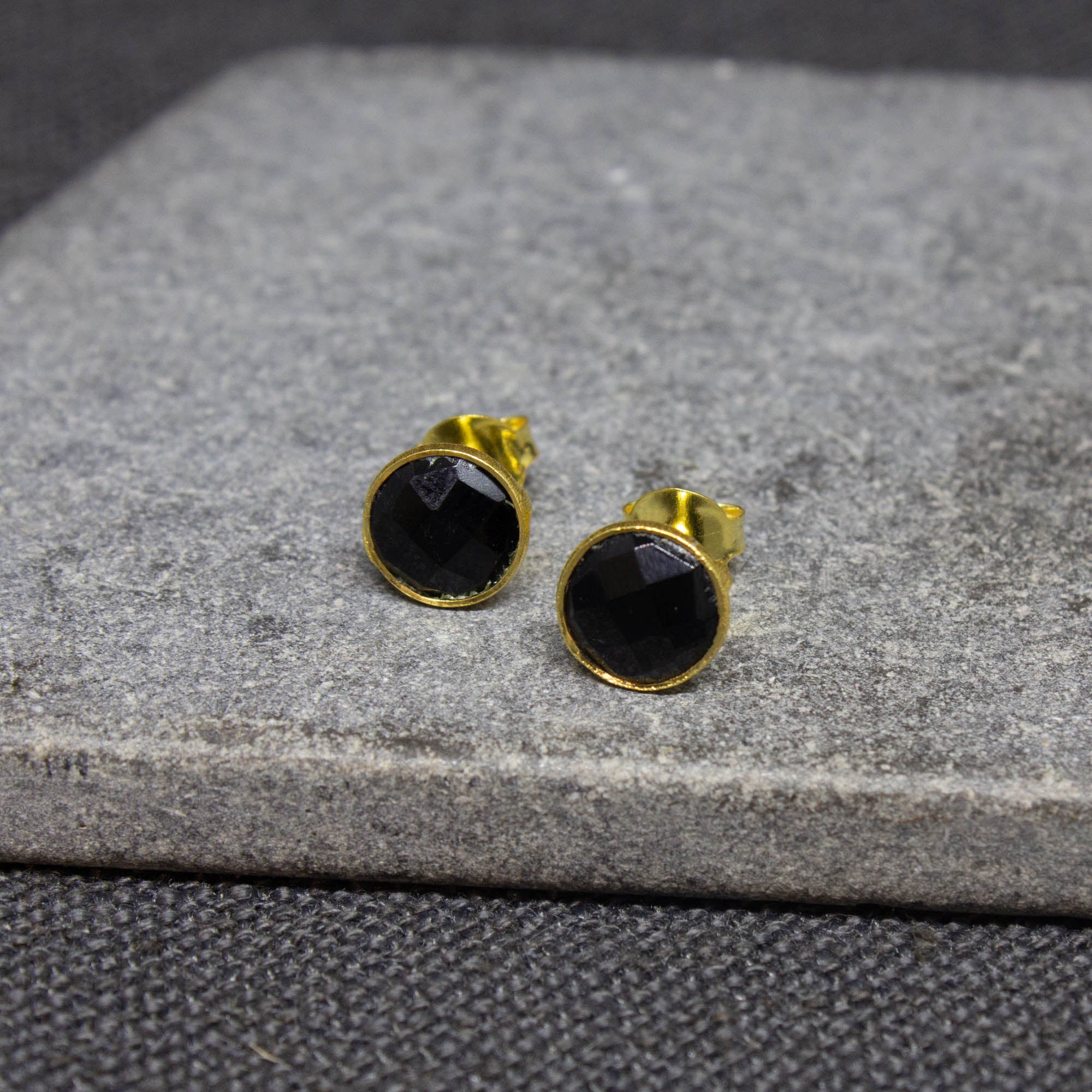 Simple gemstone everyday stud earrings, black onyx and gold vermeil - Beyond Biasa