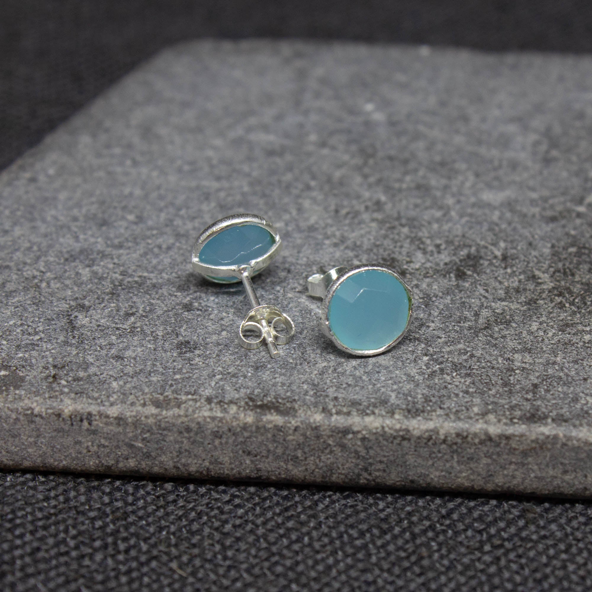 Simple gemstone everyday stud earrings, blue chalcedony and sterling silver - Beyond Biasa