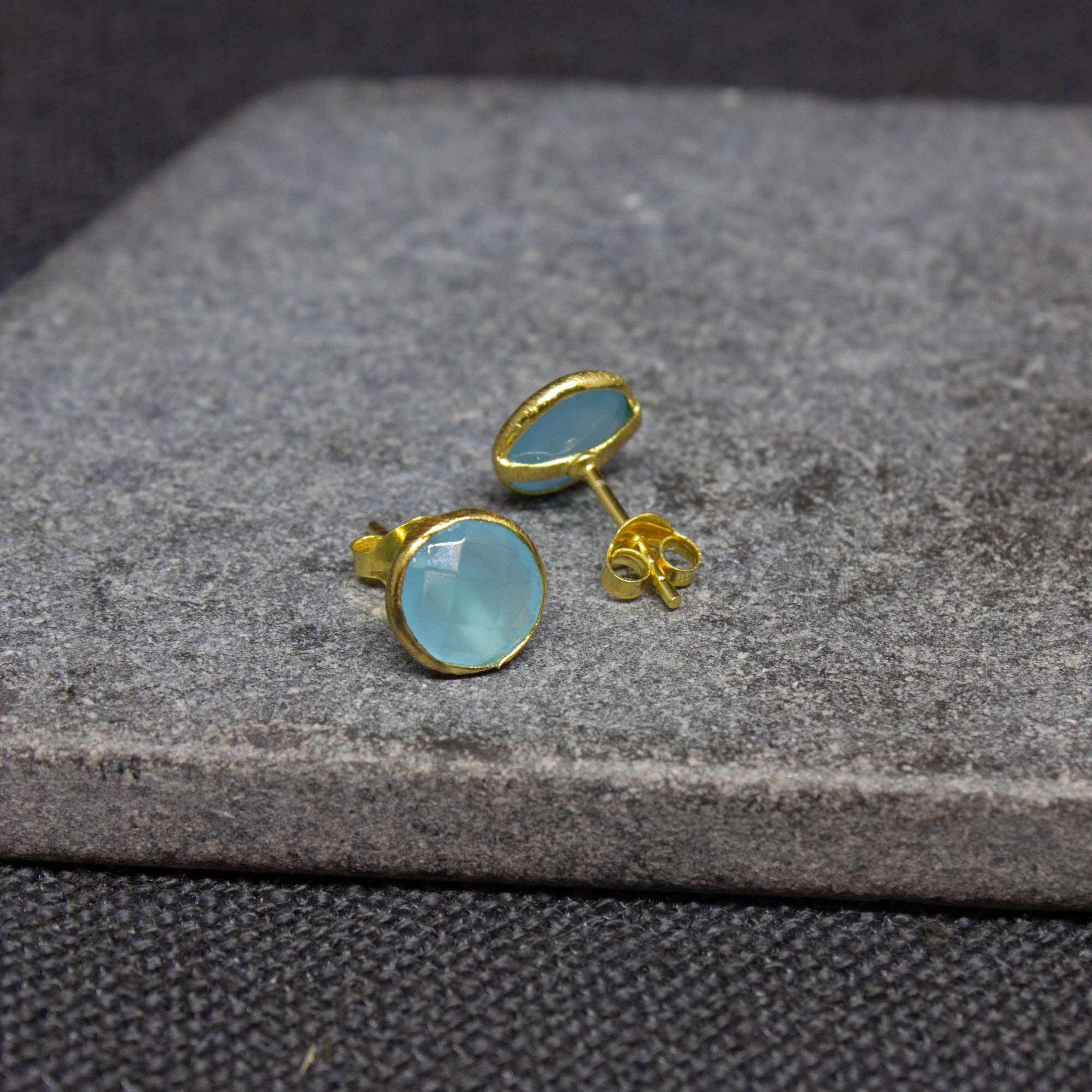 Simple gemstone everyday stud earrings, blue chalcedony and gold vermeil - Beyond Biasa