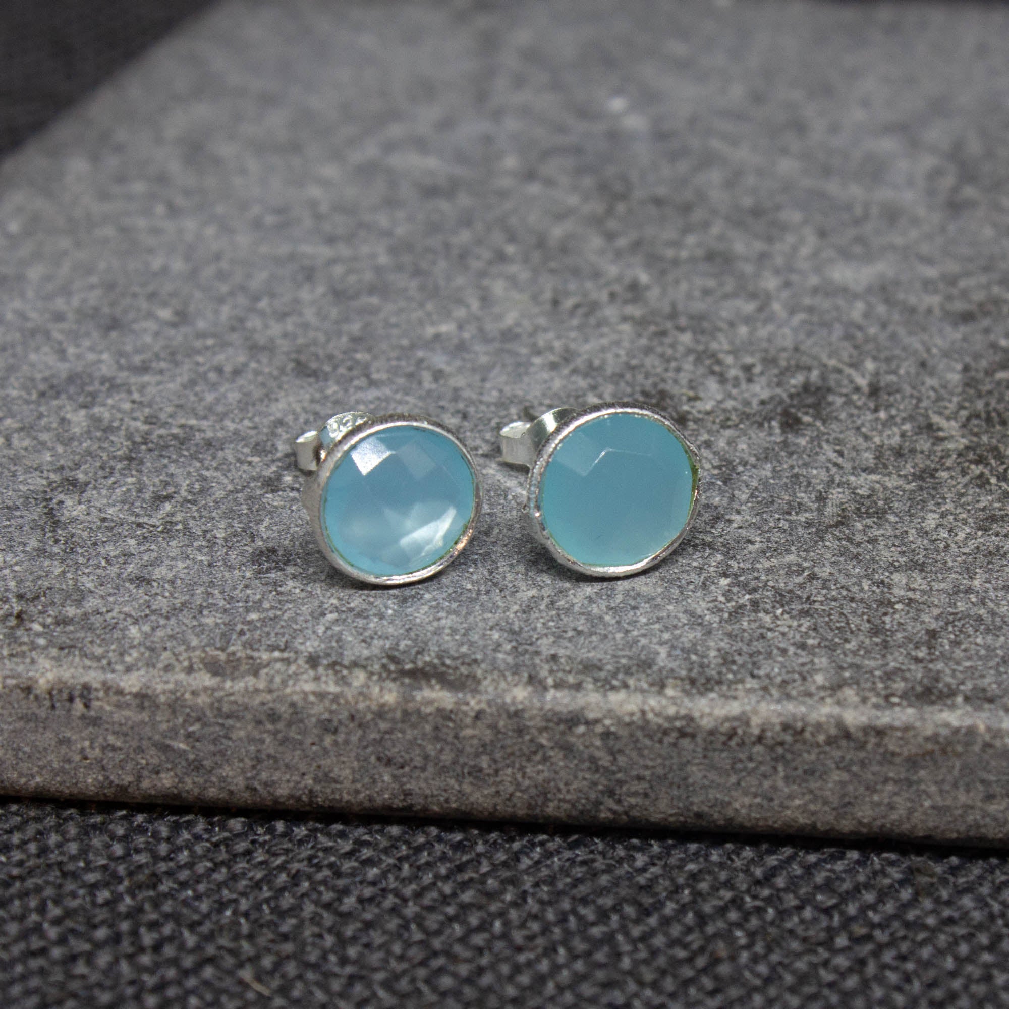 Simple gemstone everyday stud earrings, blue chalcedony and sterling silver - Beyond Biasa