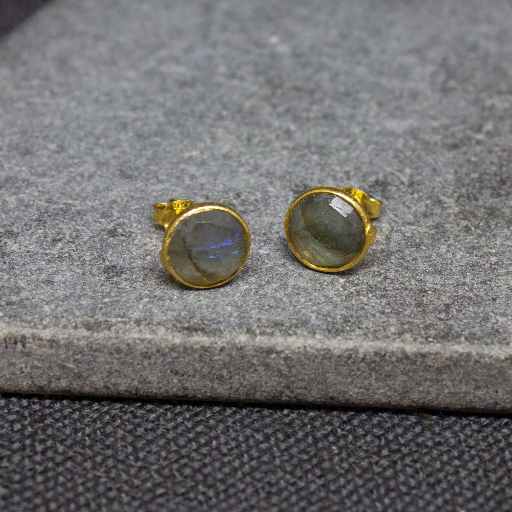 Simple gemstone everyday stud earrings, labradorite and gold vermeil - Beyond Biasa