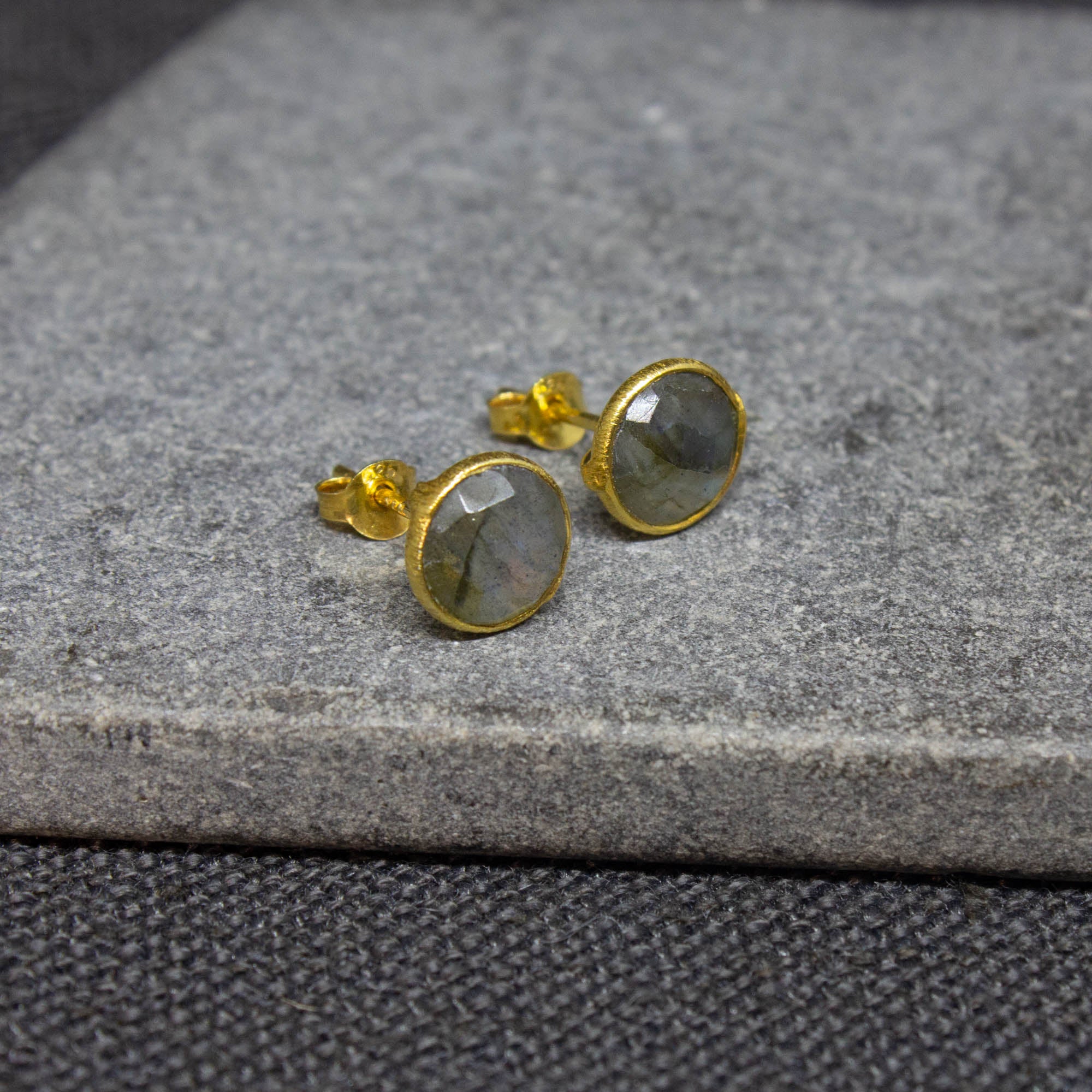 Simple gemstone everyday stud earrings, labradorite and gold vermeil - Beyond Biasa