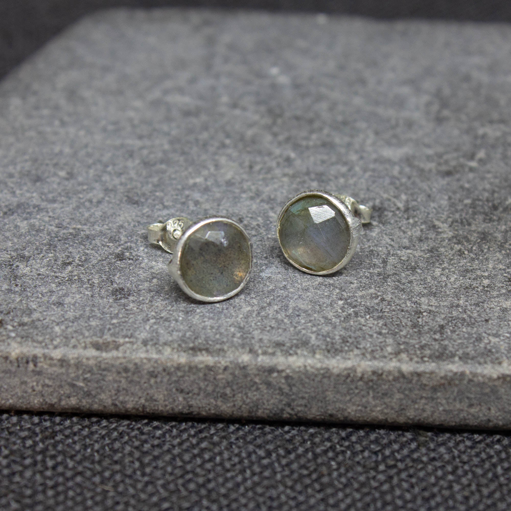 Simple gemstone everyday stud earrings, labradorite and sterling silver - Beyond Biasa