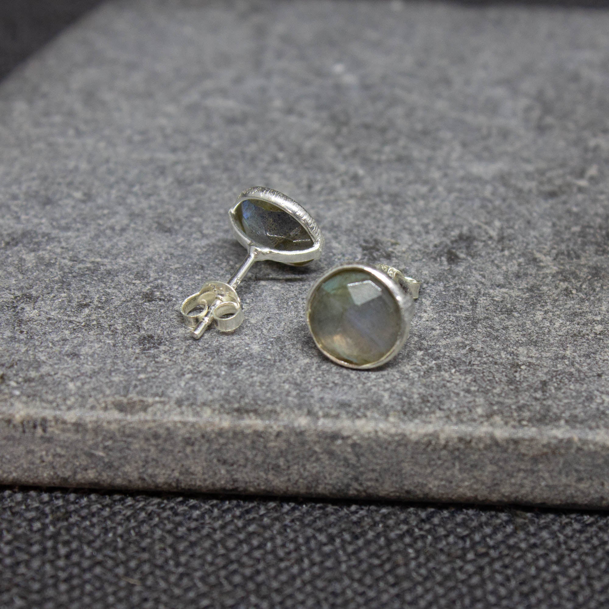 Simple gemstone everyday stud earrings, labradorite and sterling silver - Beyond Biasa