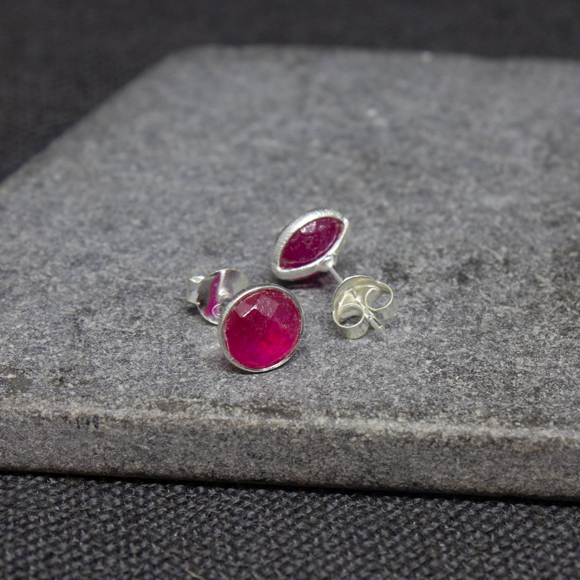 Simple gemstone everyday stud earrings, pink quartz and sterling silver - Beyond Biasa