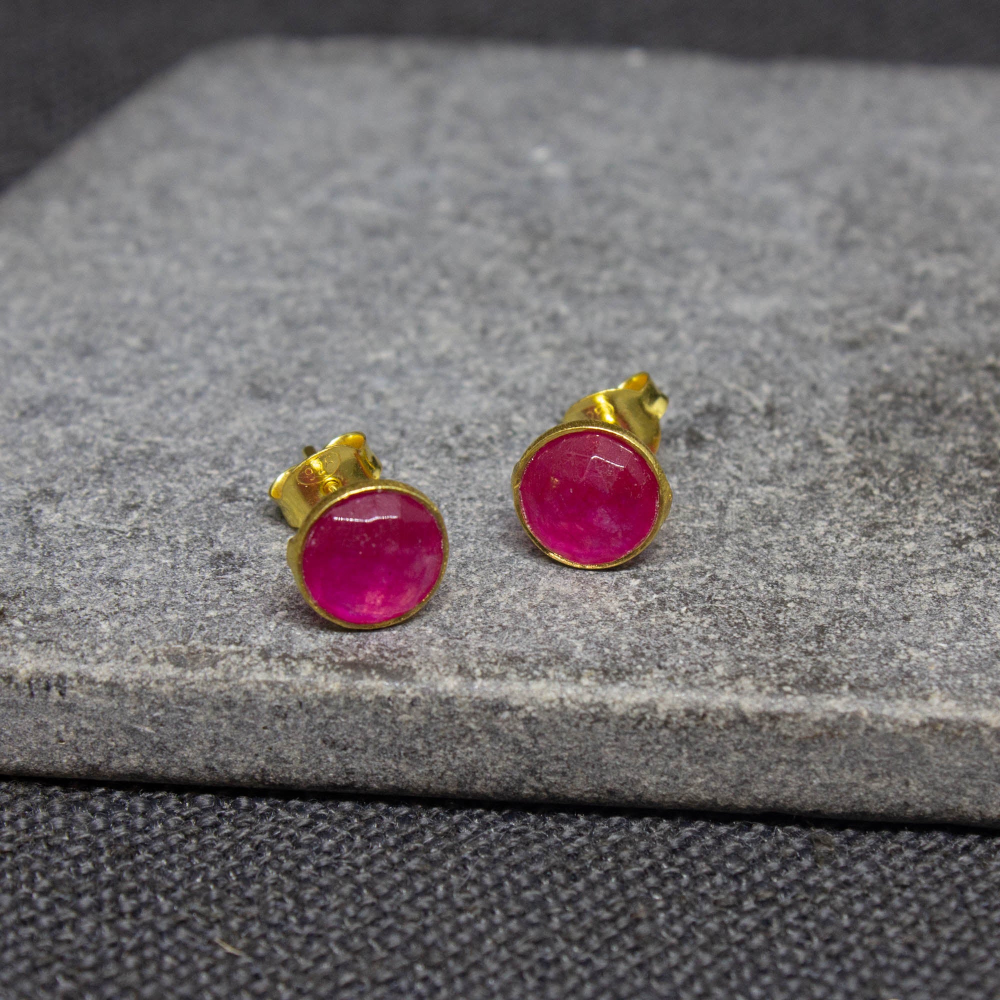 Simple gemstone everyday stud earrings, pink quartz and gold vermeil - Beyond Biasa