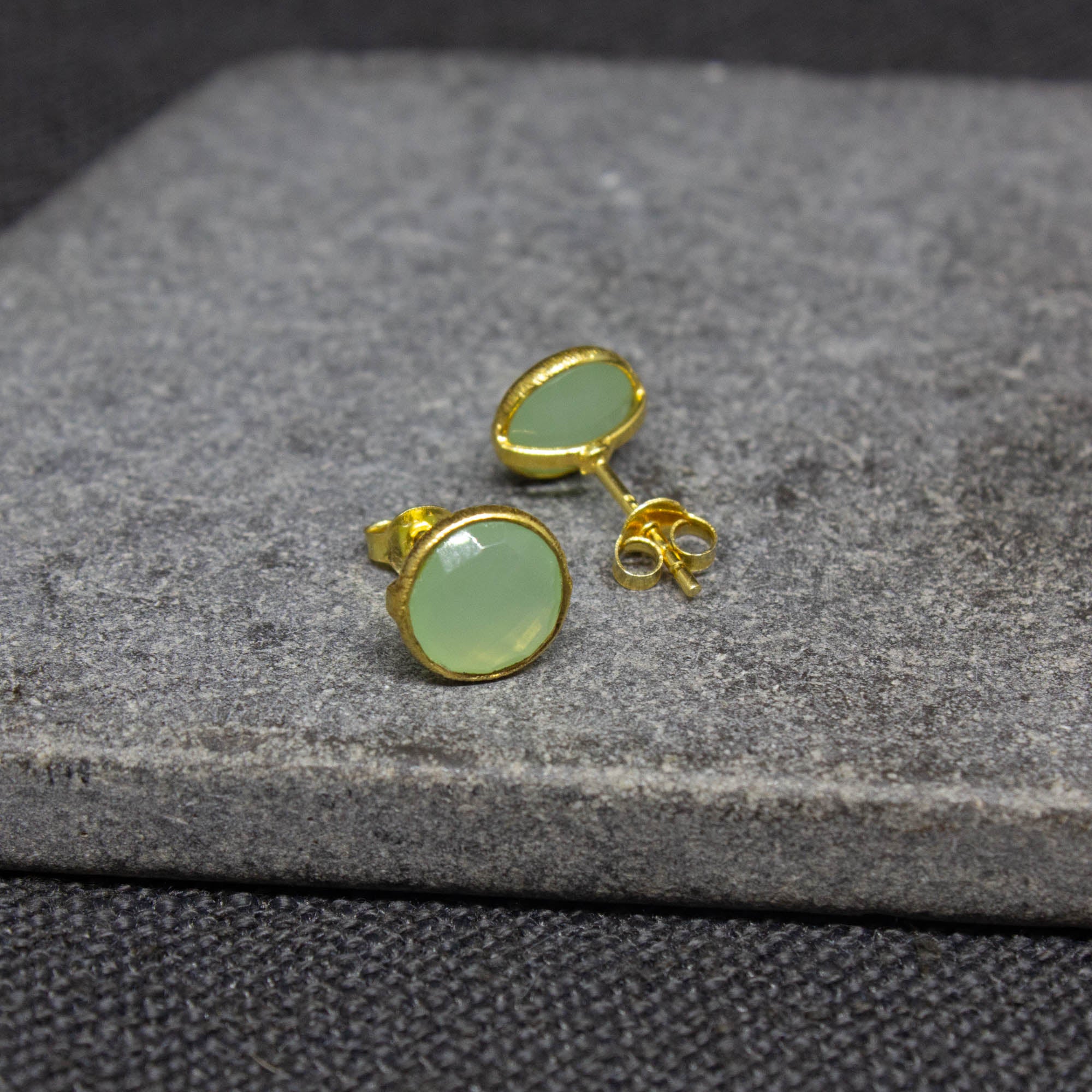 Simple gemstone everyday stud earrings, prehnite and gold vermeil - Beyond Biasa
