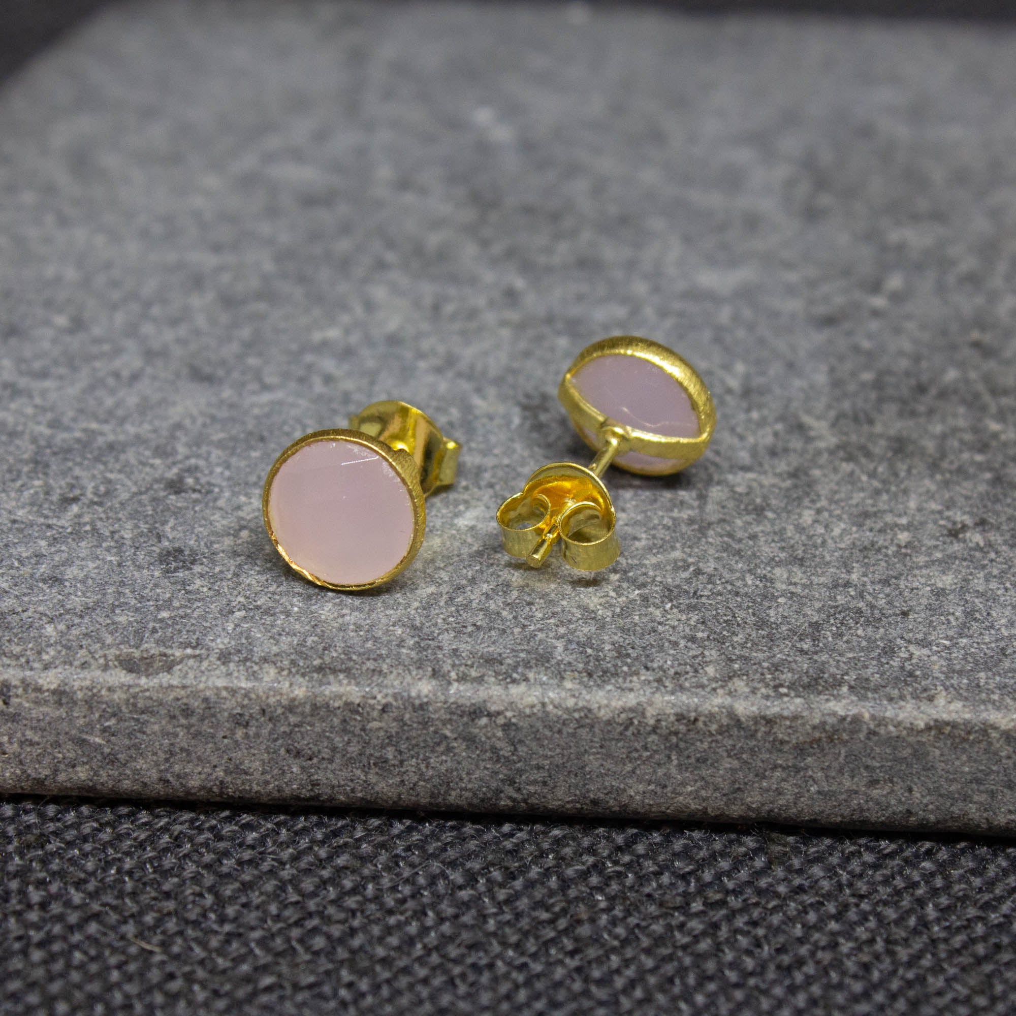 Simple gemstone everyday stud earrings, rose quartz and gold vermeil - Beyond Biasa