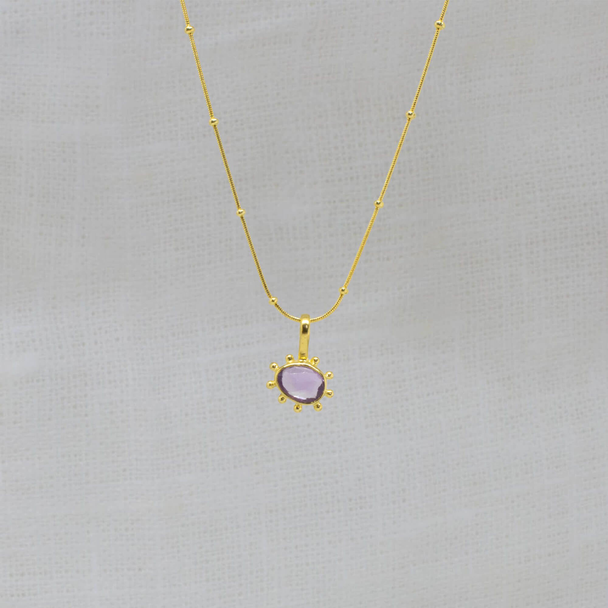 Amethyst gemstone irregular pendant necklace in 18k gold vermeil with studded gold snake chain - Beyond Biasa