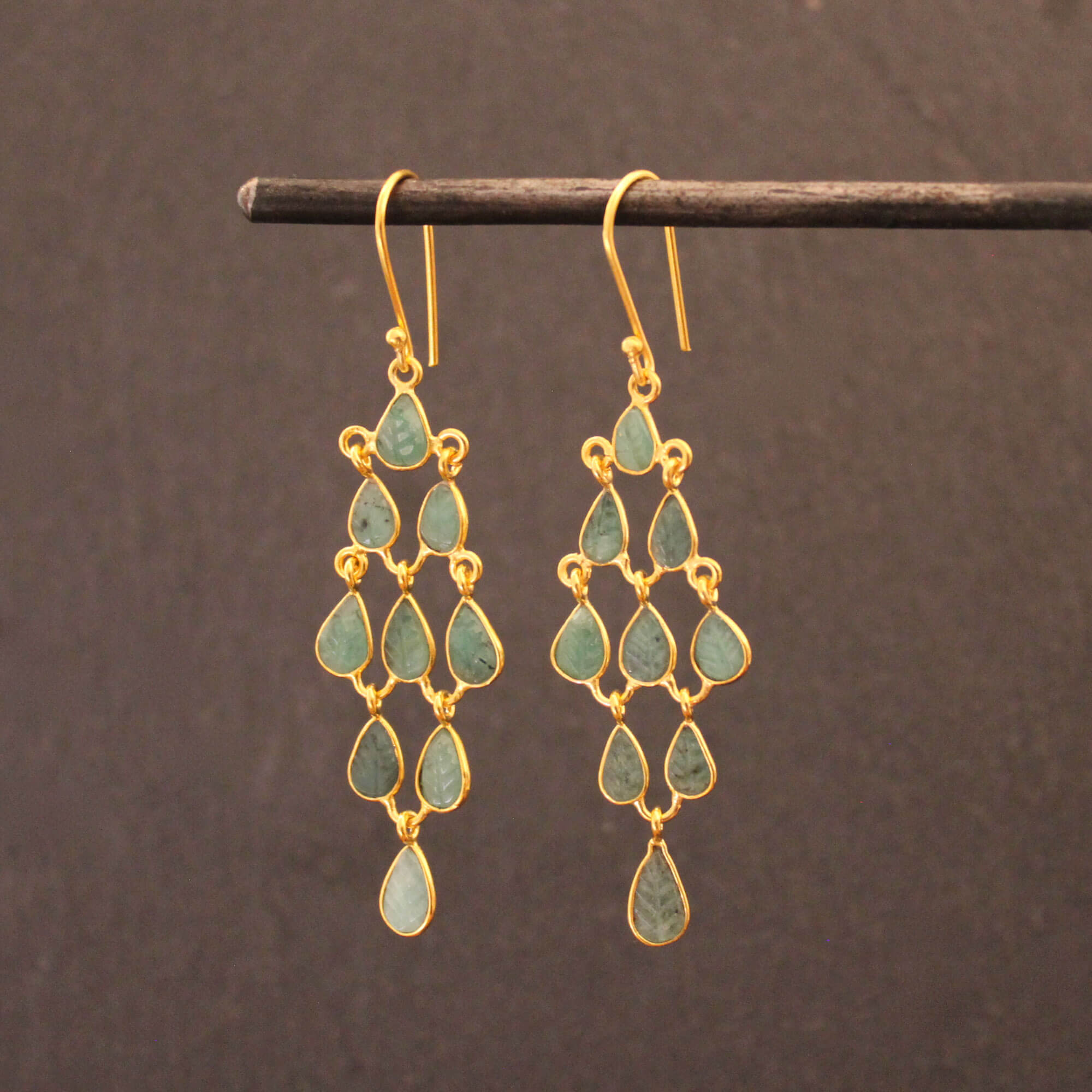 Carved Emerald Gemstone Chandelier Earrings in 18k Gold Vermeil 