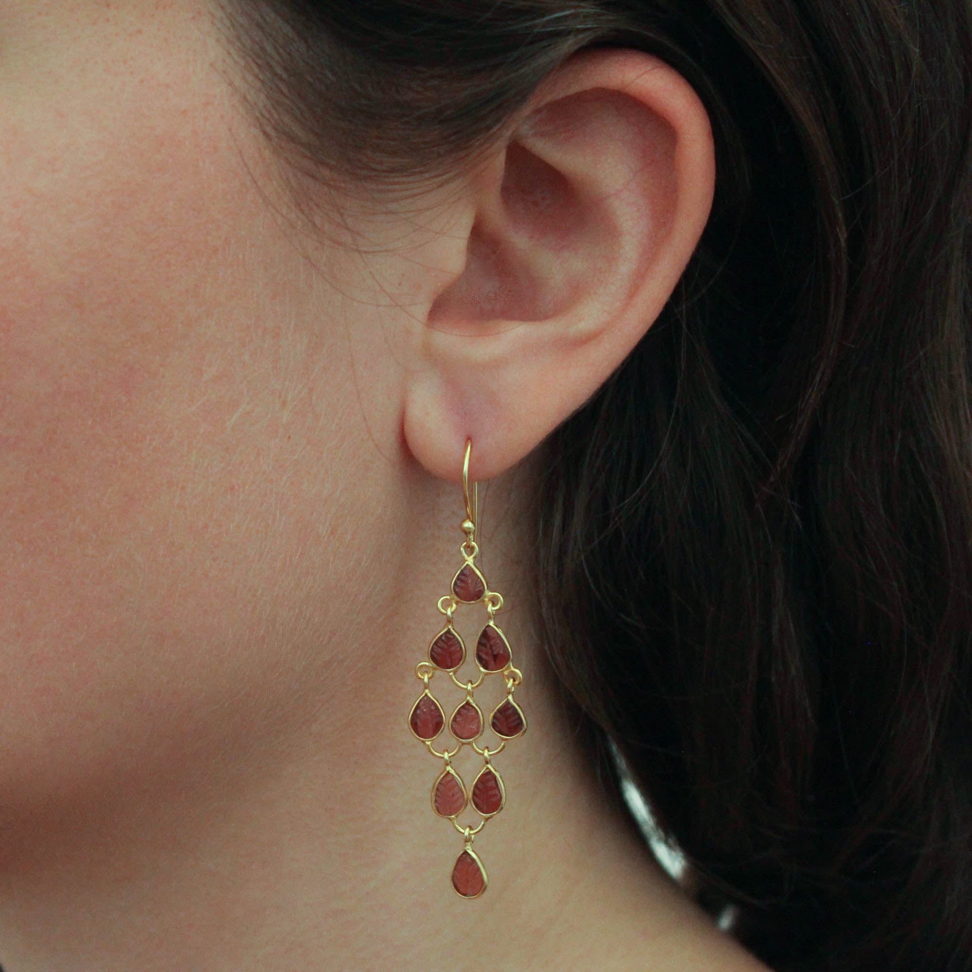 Carved Garnet Gemstone Chandelier Earrings in 18k Gold Vermeil 