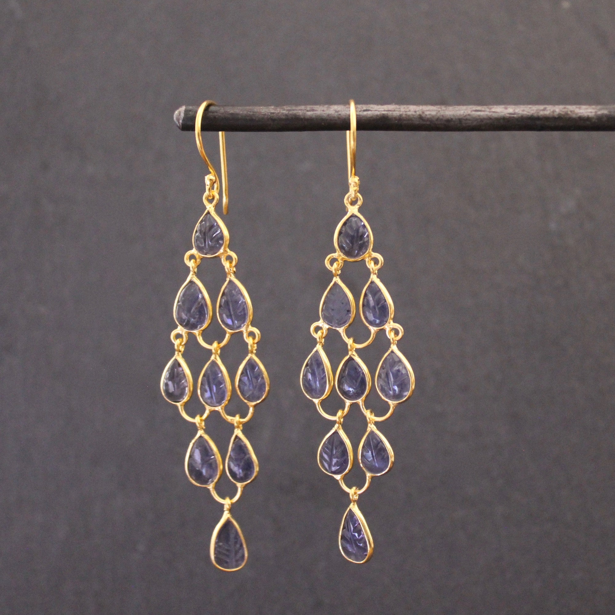 Carved Iolite Gemstone Chandelier Earrings in 18k Gold Vermeil 