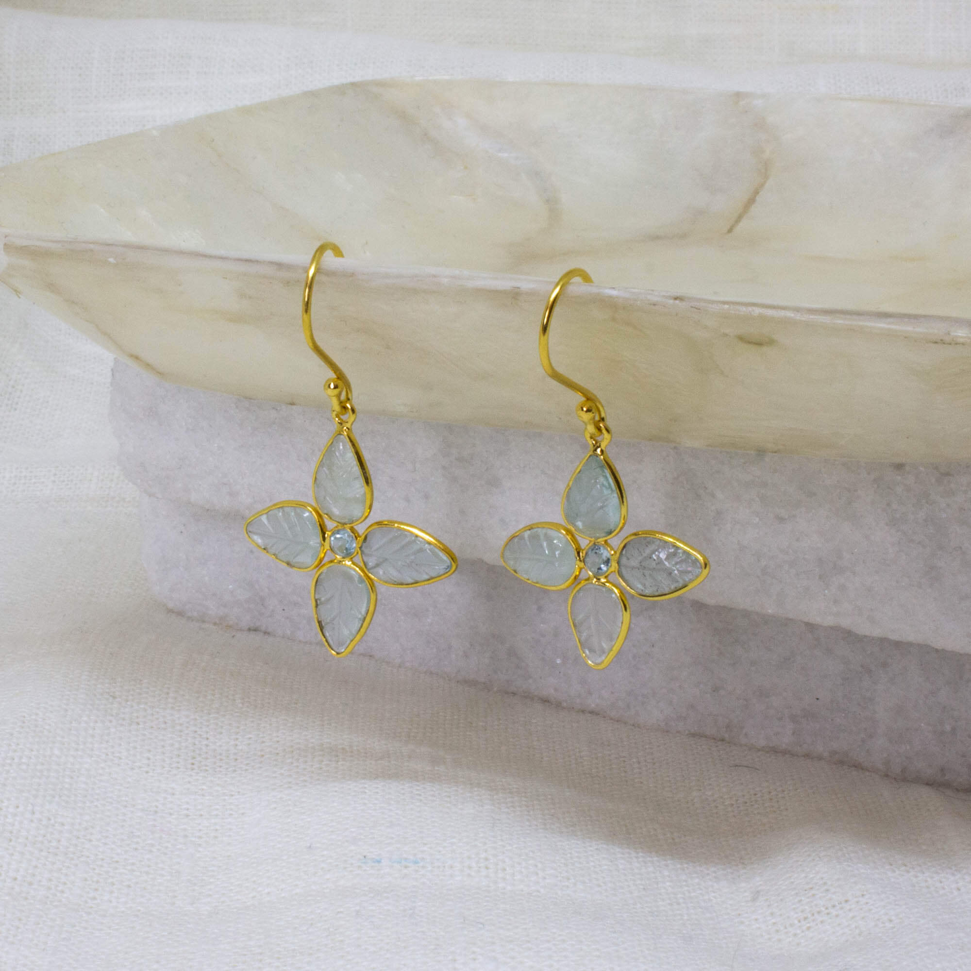 Carved aquamarine gemstone flower earrings in 18k gold vermeil - Beyond Biasa