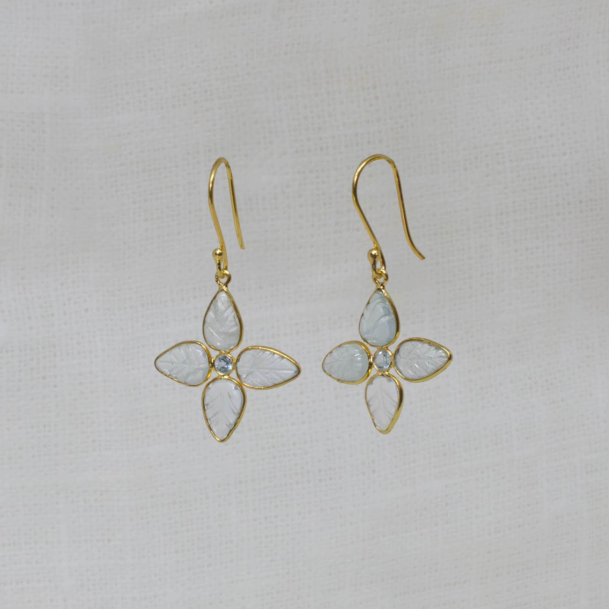 Carved aquamarine gemstone flower earrings in 18k gold vermeil - Beyond Biasa
