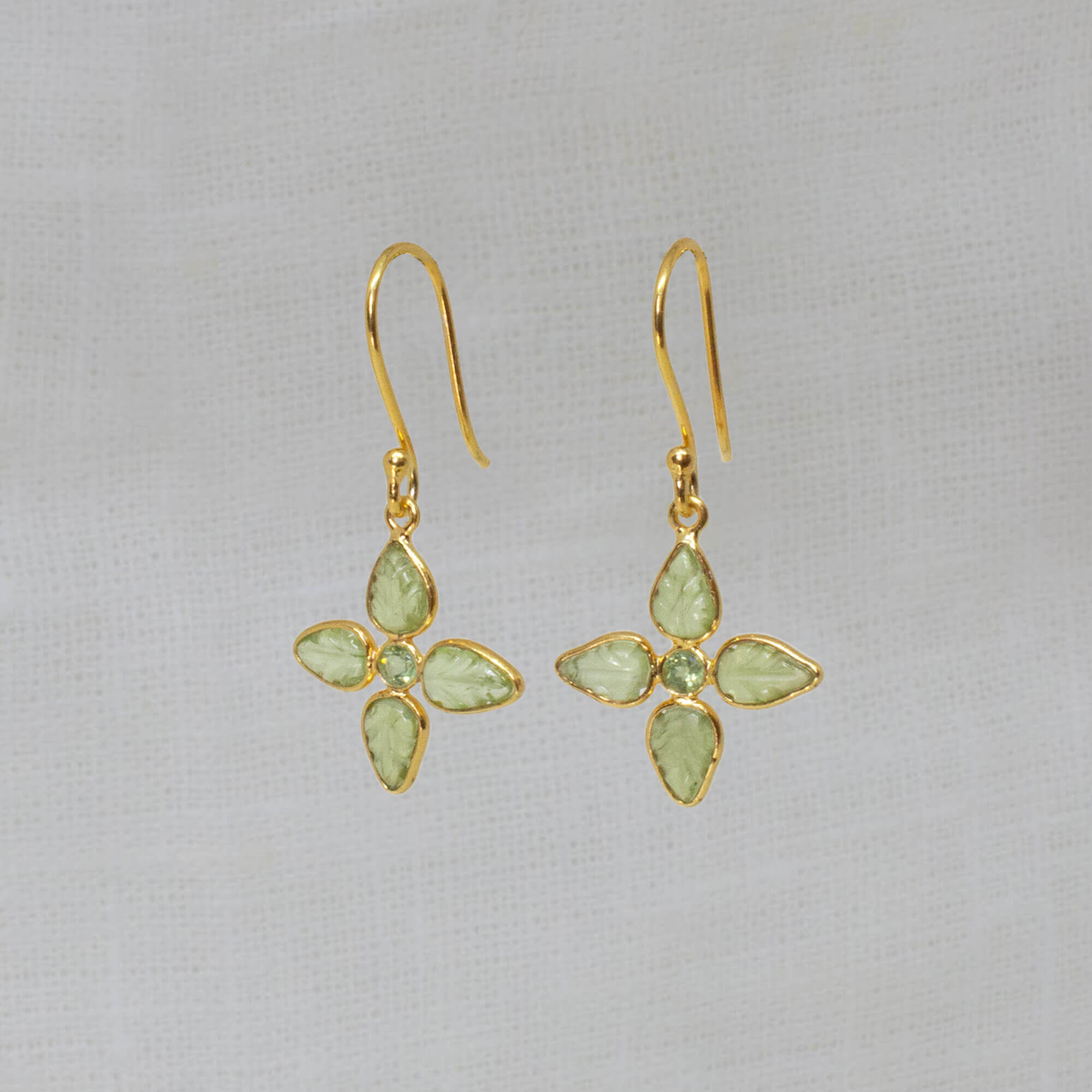 Carved peridot gemstone flower earrings in 18k gold vermeil - Beyond Biasa