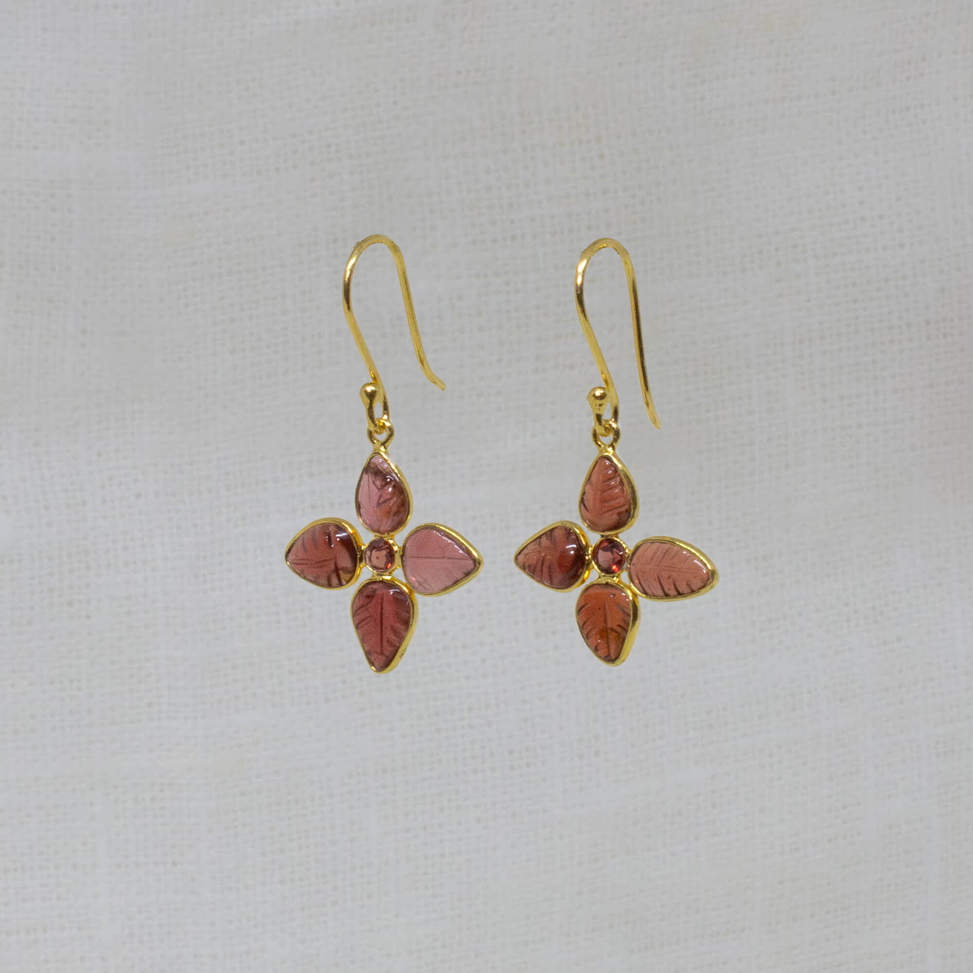 Carved garnet gemstone flower earrings in 18k gold vermeil - Beyond Biasa