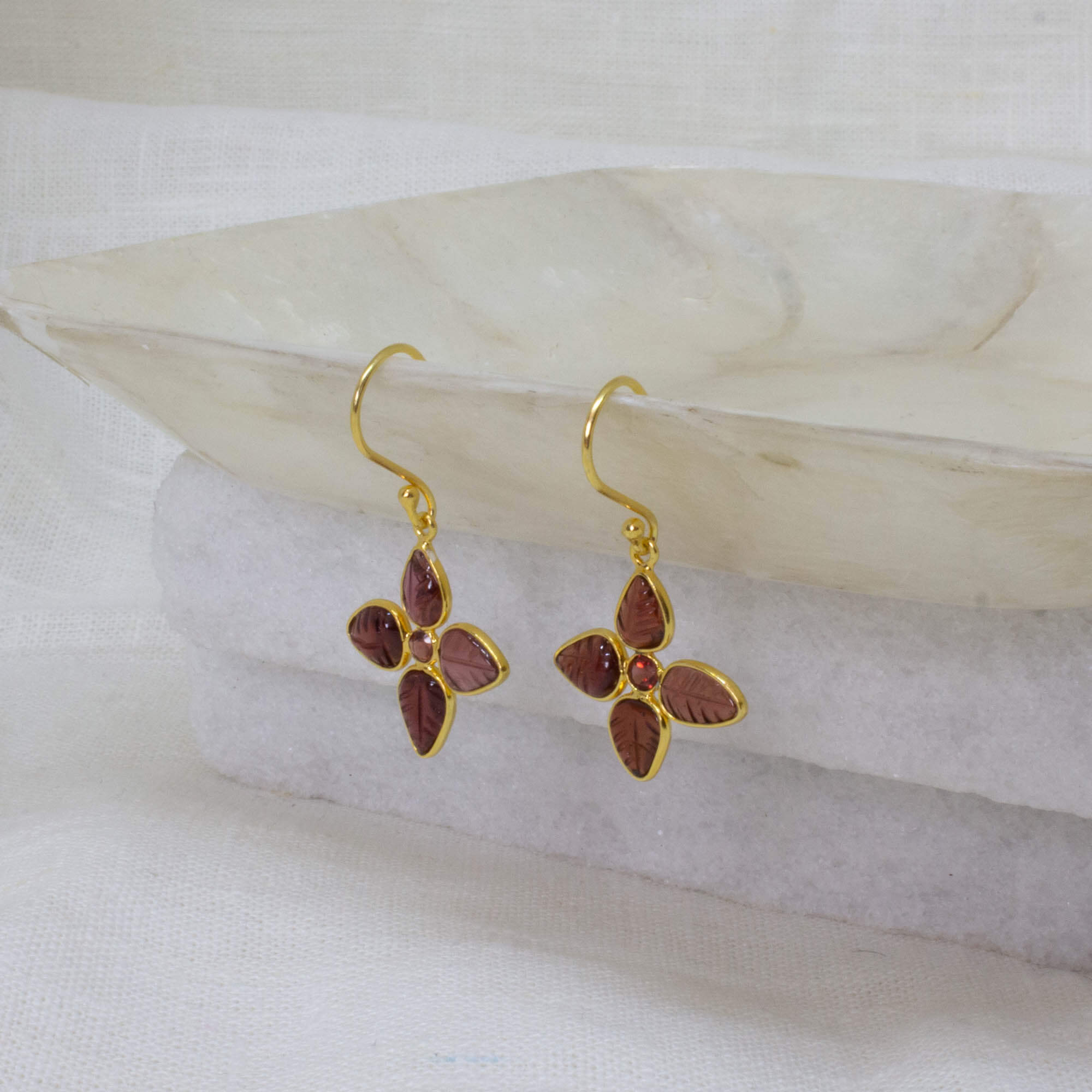 Carved garnet gemstone flower earrings in 18k gold vermeil - Beyond Biasa