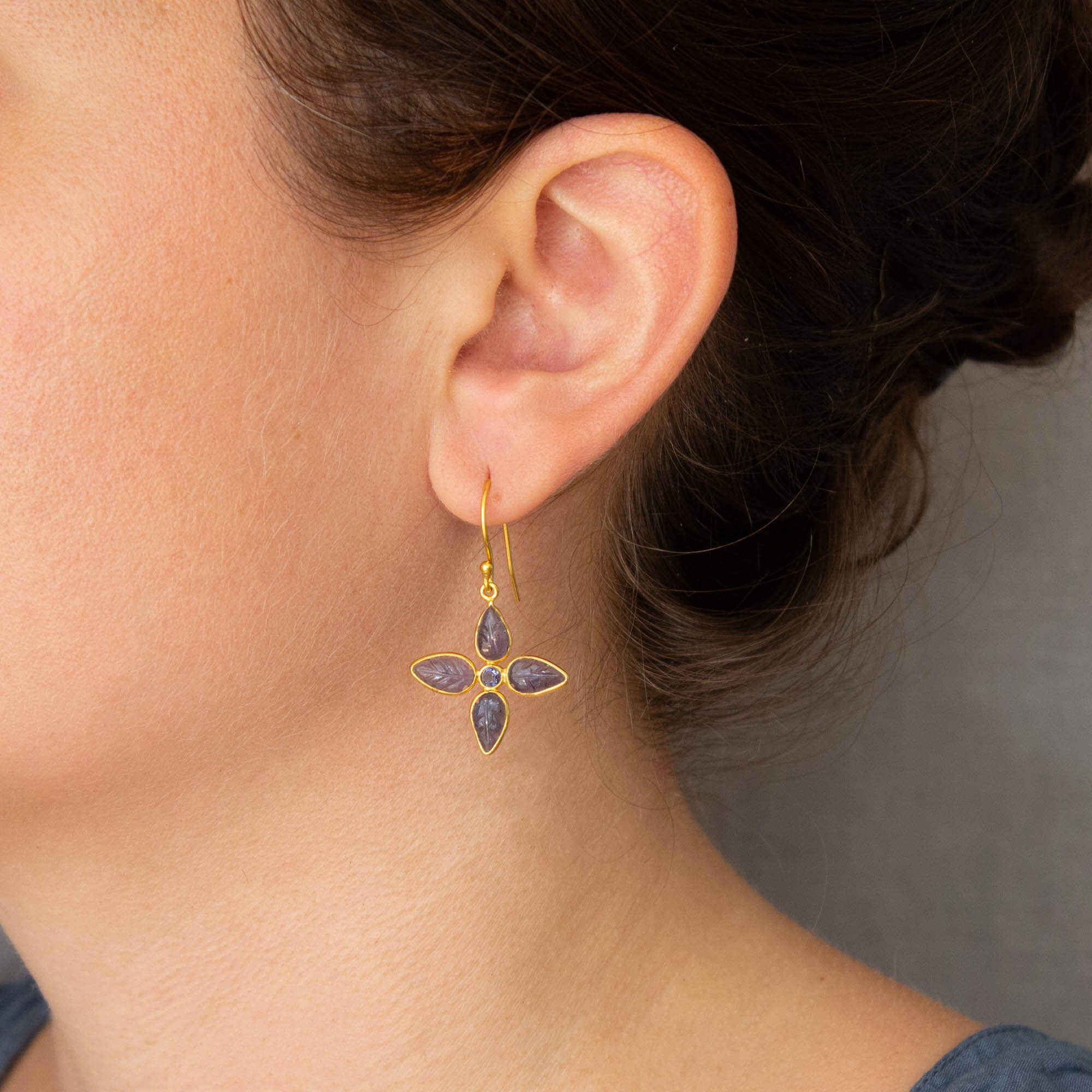 Carved iolite gemstone flower earrings in 18k gold vermeil - Beyond Biasa
