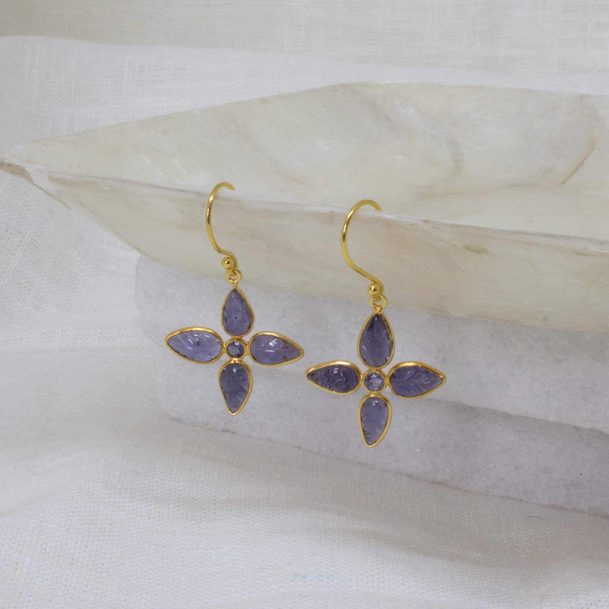 Carved iolite gemstone flower earrings in 18k gold vermeil - Beyond Biasa